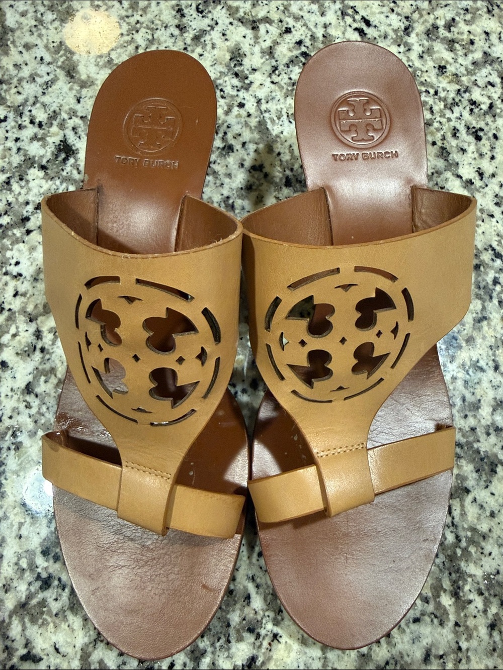 Tory Burch Cognac Tan Leather Cutout Logo Slide Sandals